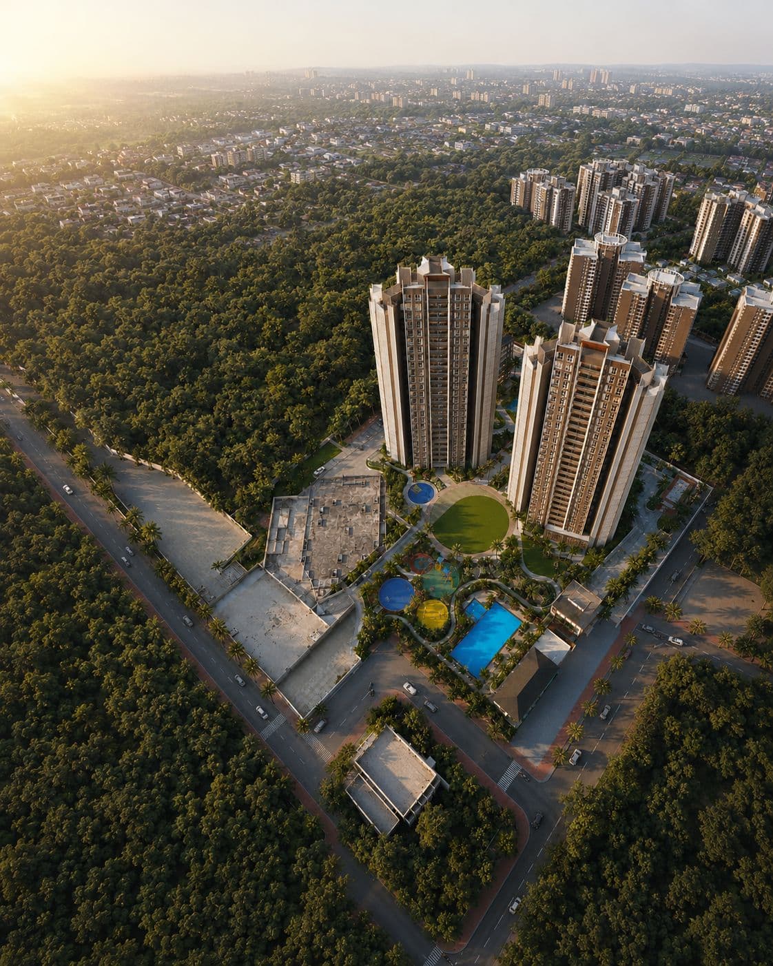 Aerial view of M-Soul Strings among the green of Baner at sunrise, artistic impression