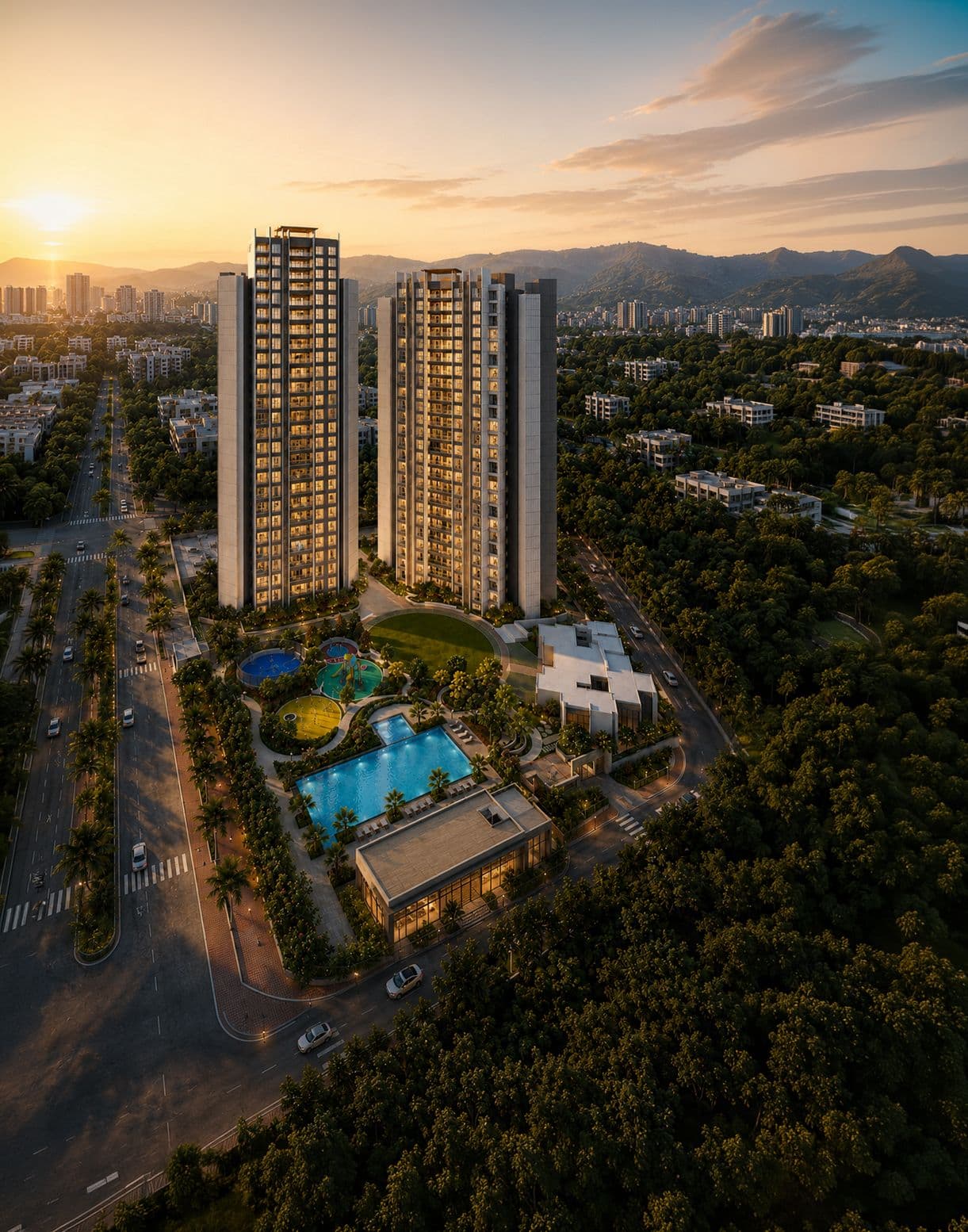 Aerial view at sunset over the pool deck, artistic impression