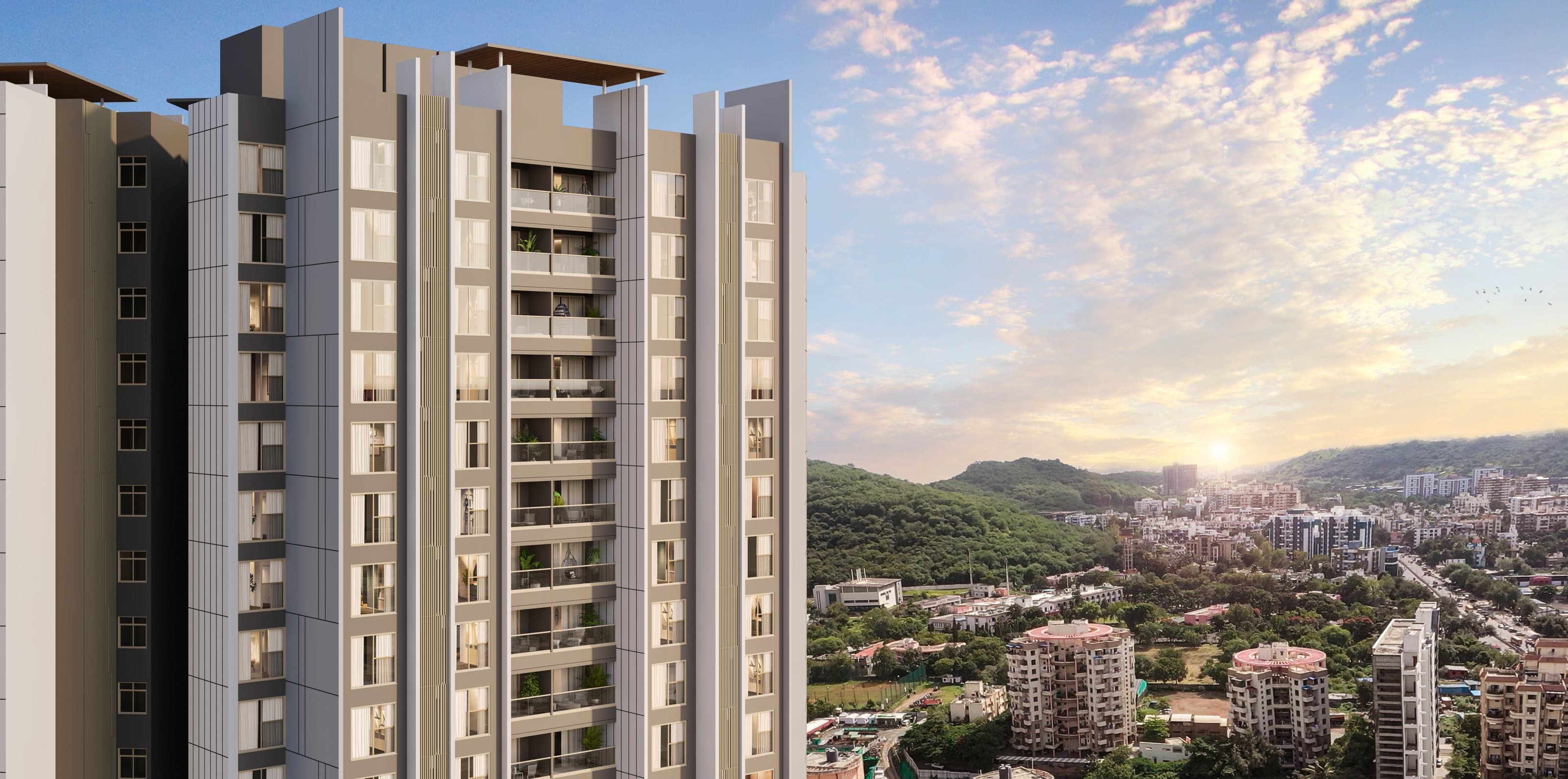 M-Soul Strings façade rising above Baner, with the hills behind, artistic impression