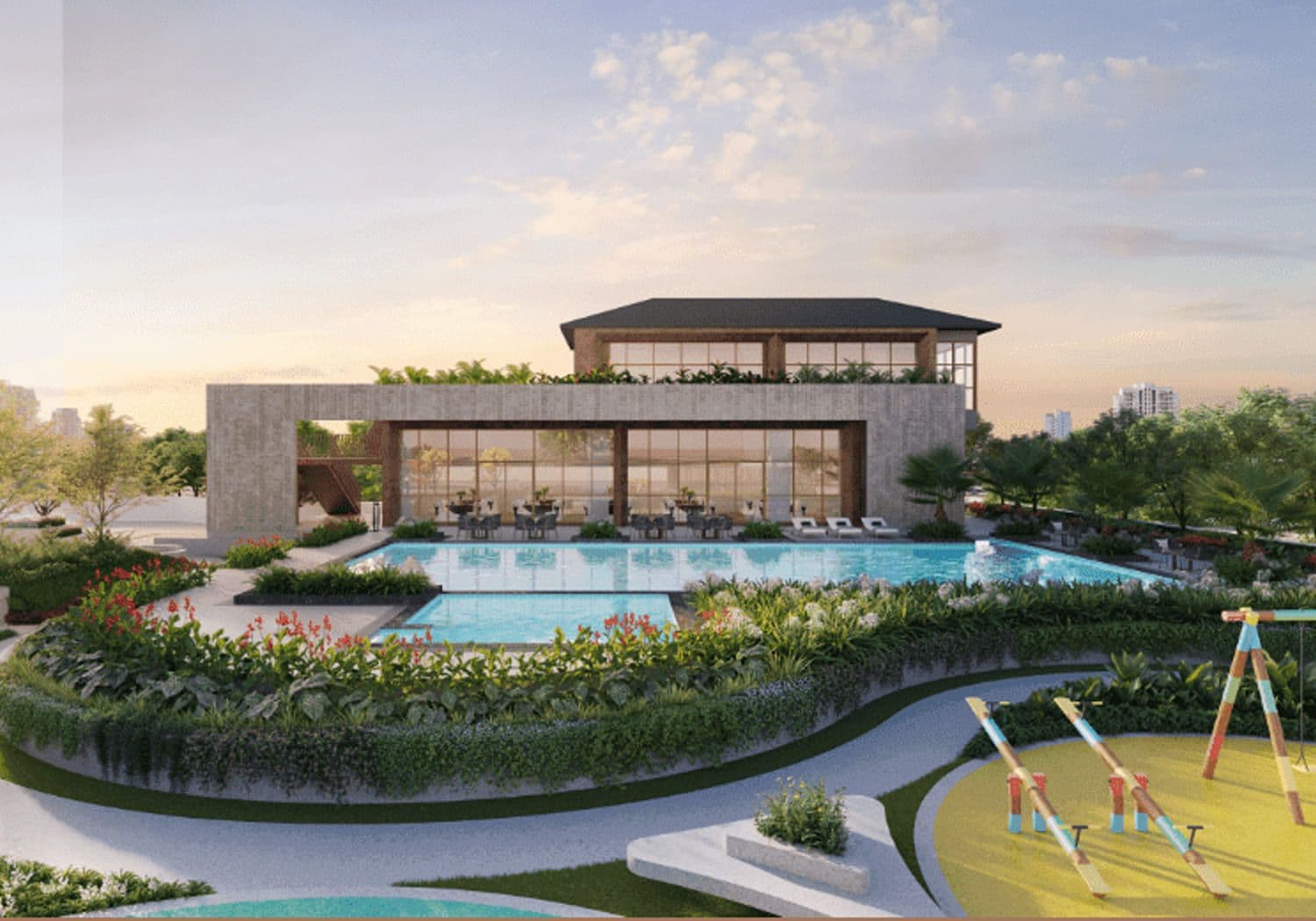 Clubhouse, pool and play lawn, artistic impression