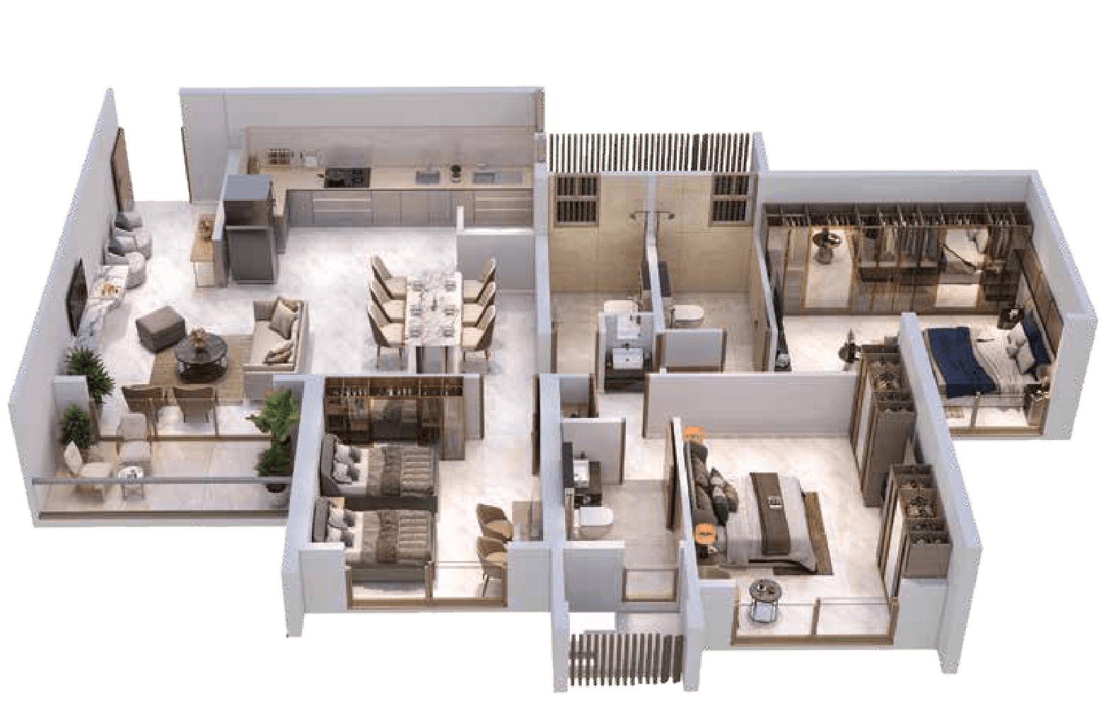 3 BHK three-dimensional floor plan, Tower C